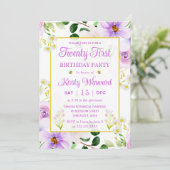 Invitation Aquarelle violet fleurs magiques 21e anniversaire (Debout devant)