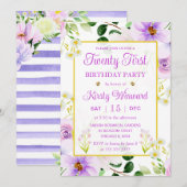 Invitation Aquarelle violet fleurs magiques 21e anniversaire (Devant / Derrière)