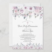 Invitation Aquarelle Violet Fleurs Première Communion (Devant)
