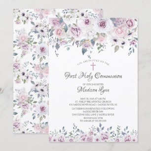 Invitation Aquarelle Violet Fleurs Première Communion