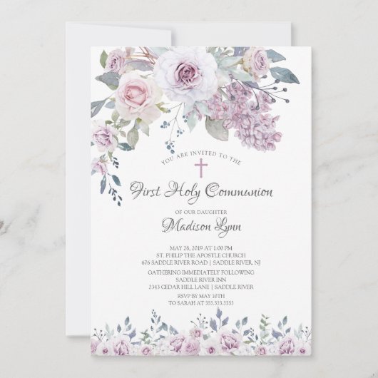 Invitation Aquarelle Violet Fleurs Première Communion (Devant)