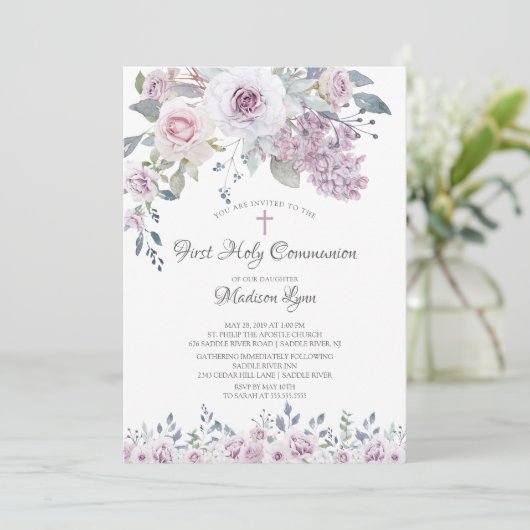 Invitation Aquarelle Violet Fleurs Première Communion (Debout devant)