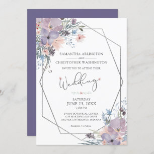 Invitation Aquarelle violet Fleurs sauvages floraux géométriq