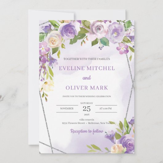 Invitation Aquarelle violet floral argenté cadre mariage (Devant)