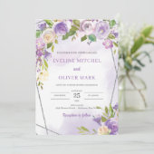 Invitation Aquarelle violet floral argenté cadre mariage (Debout devant)