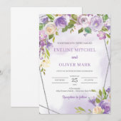 Invitation Aquarelle violet floral argenté cadre mariage (Devant / Derrière)