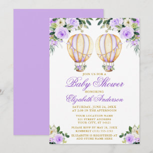 Invitation Aquarelle violet Floral Ballons Baby shower jumeau