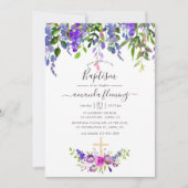 Invitation Aquarelle Violet Floral Baptême (Devant)