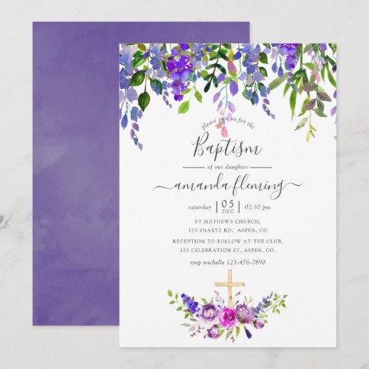 Invitation Aquarelle Violet Floral Baptême (Devant / Derrière)