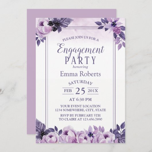 Invitation Aquarelle violet Floral Mariage (Devant / Derrière)