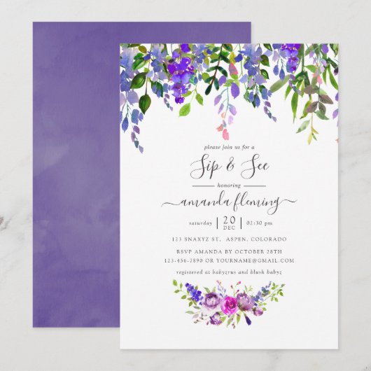 Invitation Aquarelle Violet Floral Sip et voir (Devant / Derrière)