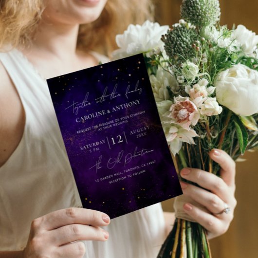 Invitation Aquarelle violet foncé Magique Mariage or