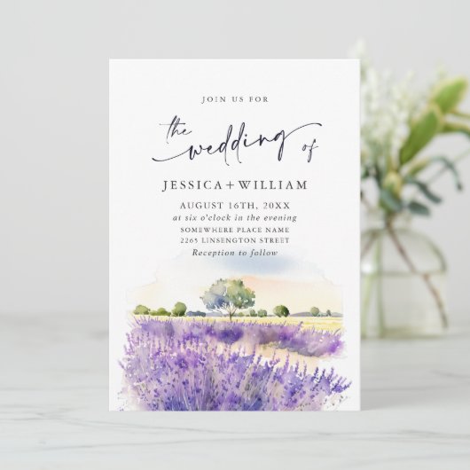 Invitation Aquarelle violet lavande Mariage de champ photo QR (Debout devant)