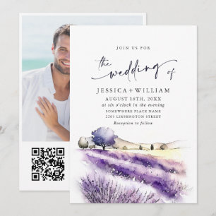 Invitation Aquarelle violet lavande Mariage de champ photo QR