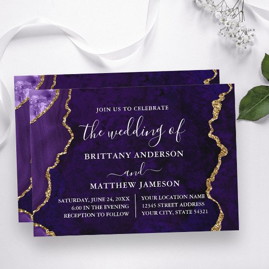 Invitation Aquarelle violet marbre Mariage or