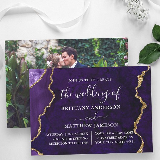 Invitation Aquarelle violet marbre or Mariage photo