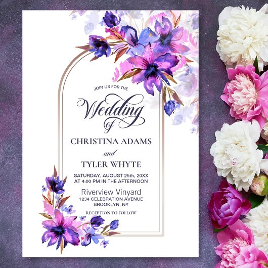Invitation Aquarelle violet Mariage d'arche florale