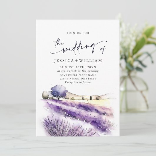 Invitation Aquarelle violet Mariage de champ Lavender Code QR (Debout devant)