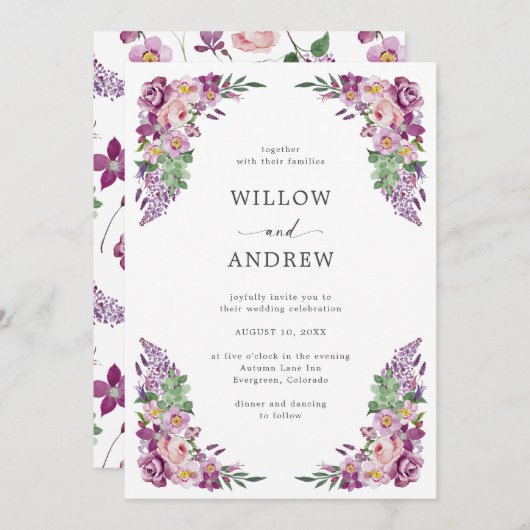 Invitation Aquarelle violet Mariage Floral (Devant / Derrière)