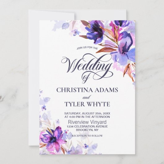 Invitation Aquarelle violet Mariage floral (Devant)