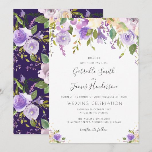 Invitation aquarelle violet, mauve et mariage floral pêche (Devant / Derrière)