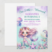 Invitation Aquarelle violet mignonne sirène fille de 3ème ann (Devant / Derrière)
