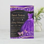 Invitation Aquarelle violet or Parties scintillant robe Sweet (Debout devant)