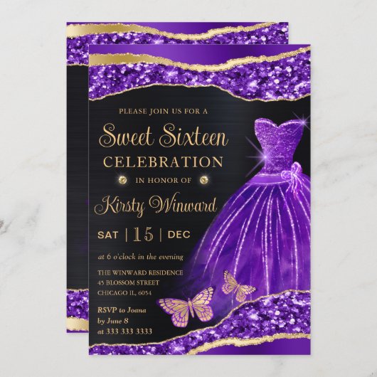 Invitation Aquarelle violet or Parties scintillant robe Sweet (Devant / Derrière)