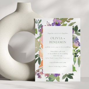 Invitation Aquarelle violet orange Mariage Floral tout en un