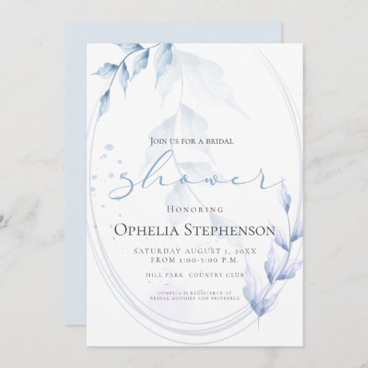 Invitation Aquarelle Violet pâle et feuillage bleu poussiéreu (Devant / Derrière)