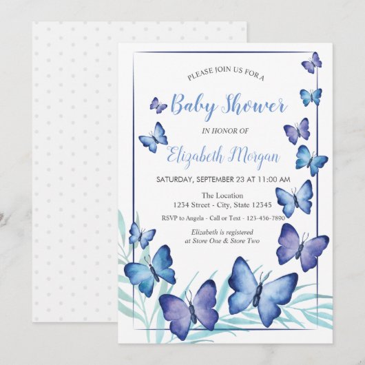 Invitation Aquarelle Violet Papillons Baby shower points (Devant / Derrière)