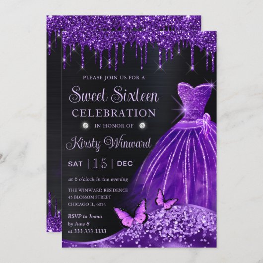 Invitation Aquarelle violet Parties scintillant robe Sweet si (Devant / Derrière)