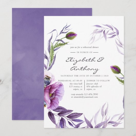 Invitation Aquarelle Violet Pavot Floral Dîner de répétition (Devant / Derrière)