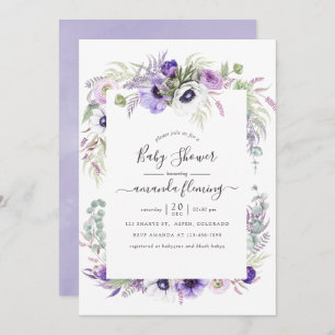 Invitation Aquarelle violet poussiéreuse Baby shower floral