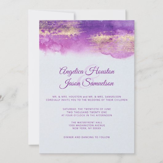 Invitation Aquarelle violet prune Mauve Mariage or (Devant)