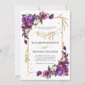 Invitation Aquarelle violet rose chaud or Script floral (Devant)