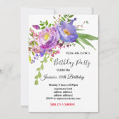 Invitation aquarelle violet rose fleuri anniversaire (Devant)