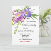 Invitation aquarelle violet rose fleuri anniversaire (Debout devant)