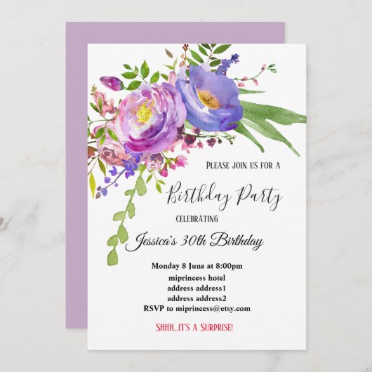 Invitation aquarelle violet rose fleuri anniversaire (Devant / Derrière)