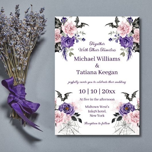 Invitation aquarelle violet rose floral halloween mariage