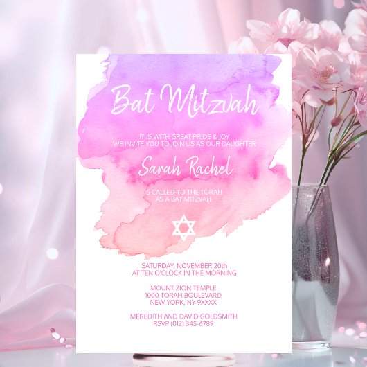 Invitation Aquarelle violet rose rose rose BAT MITZVAH étoile