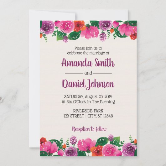 Invitation Aquarelle violet rose rouge Fleurs florales (Devant)