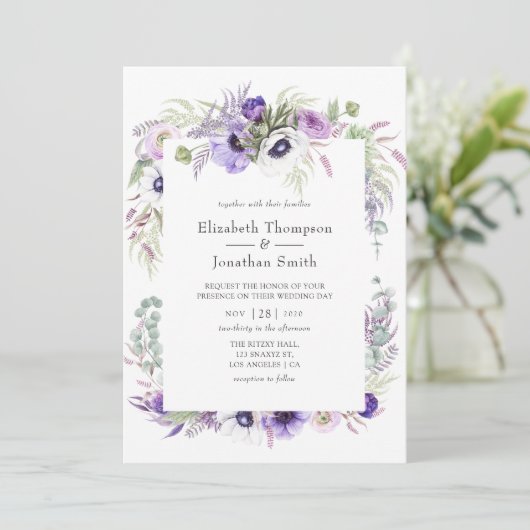 Invitation Aquarelle violet roux Mariage Floral (Debout devant)