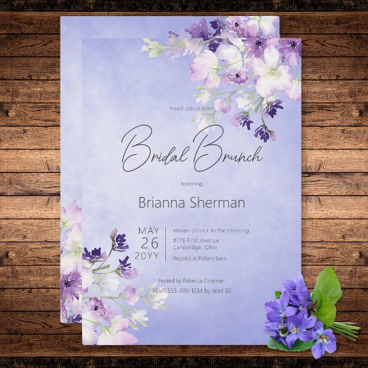 Invitation Aquarelle violet rustique Brunch nuptial floral