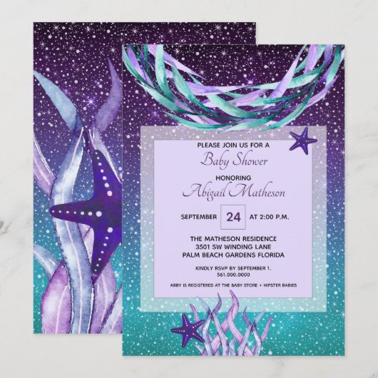 Invitation Aquarelle violet + Turquoise Sous Le Baby shower D (Devant / Derrière)