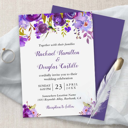 Invitation Aquarelle violet ultra violet Mariage floral