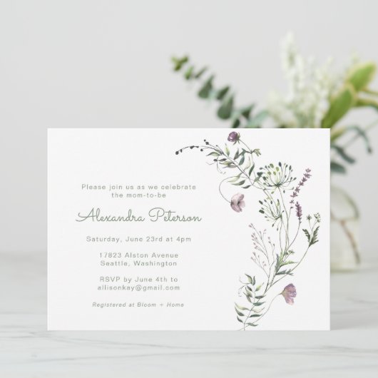 Invitation Aquarelle violet vert Baby shower floral (Debout devant)