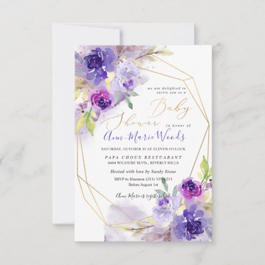 Invitation Aquarelle violet violet Baby shower des pivoines (Devant)