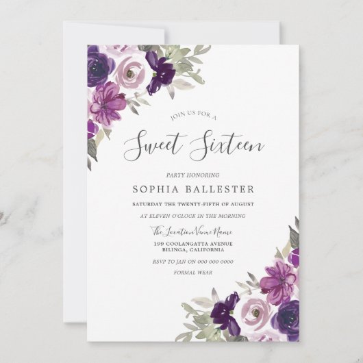 Invitation Aquarelle violet violet Fleurs Douce 16 Partie (Devant)