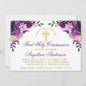 Invitation Aquarelle Violet Violet Floral Communion Or (Devant)
